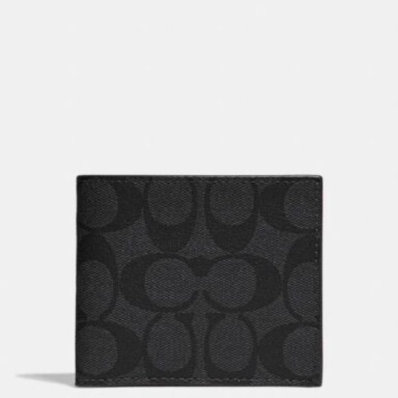 COACH SIGNATURE 2 IN ONE LEATHER WALLET & ID CARD CASE-CHARCOAL BLACK - Picture 1 of 7